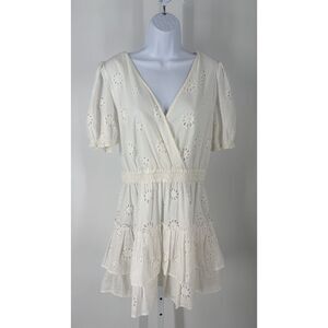 WAYF White Eyelet Mini Dress Puff Sleeve Tiered Ruffle Summer Dress